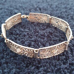 Elegant Vintage Art Deco 925 Sterling Silver Filigree Panel Bracelet